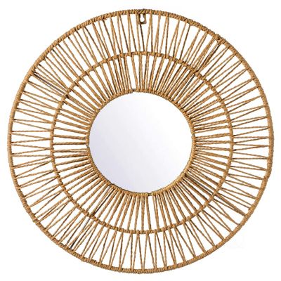 Wickerwise Decorative Woven Paper Rope Round Shape Bamboo Wood Modern Hanging Wall Mirror Image 1
