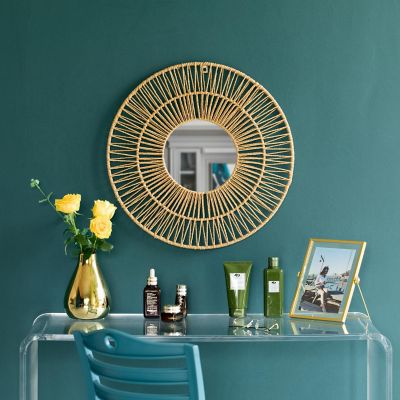 Wickerwise Decorative Woven Paper Rope Round Shape Bamboo Wood Modern Hanging Wall Mirror Image 1