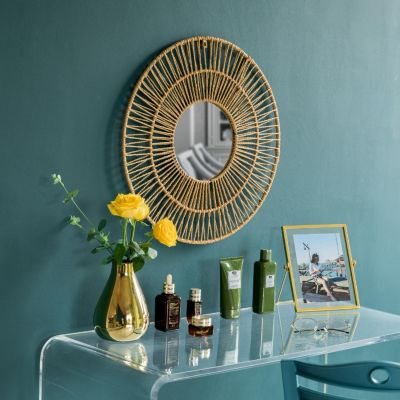 Wickerwise Decorative Woven Paper Rope Round Shape Bamboo Wood Modern Hanging Wall Mirror Image 2