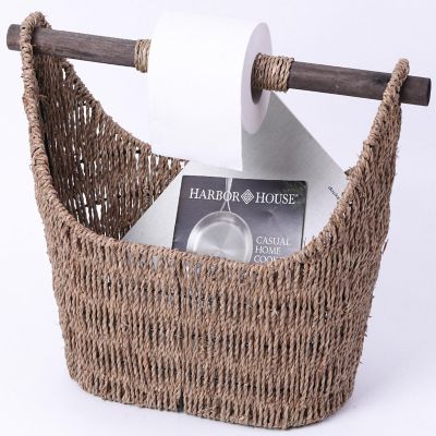 Wickerwise Free Standing Magazine and Toilet Paper Holder Basket with Wooden Rod Image 1