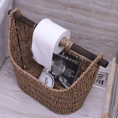 Wickerwise Free Standing Magazine and Toilet Paper Holder Basket with Wooden Rod Image 2