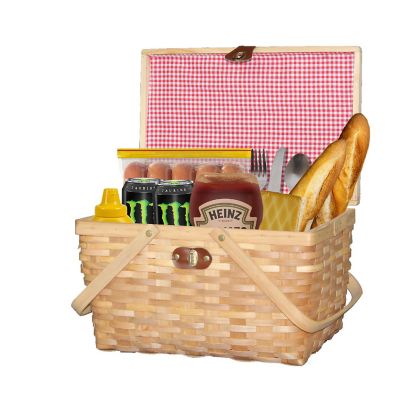 Wickerwise Gingham Lined Woodchip Picnic Basket With Lid and Movable Handles Image 1