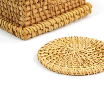 Wickerwise Honey Brown Set of 6 Round Natural Rattan Placemats with Rectangular Holder Image 2
