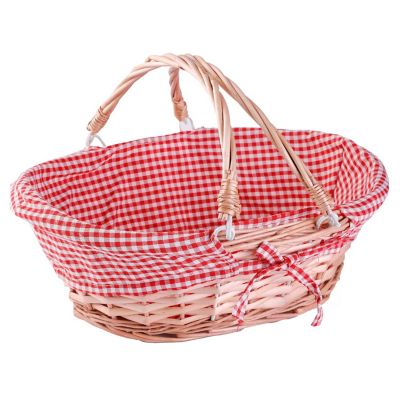 Wickerwise Oval Willow Basket with Double Drop Down Handles Red White Plaid Lining Image 2