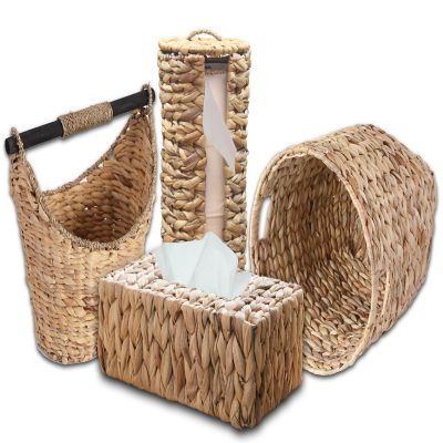 Wickerwise Rustic Water Hyacinth Vanity Bathroom Set, Set of 4 - Magazine Basket, Tissue Roll Holder, Tissue Box Cover, and Wastebasket Image 1