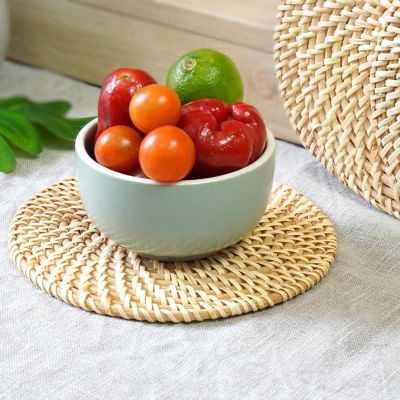 Wickerwise Set of 4 Decorative Round 7.25"" Natural Woven Handmade Rattan Placemats Image 1