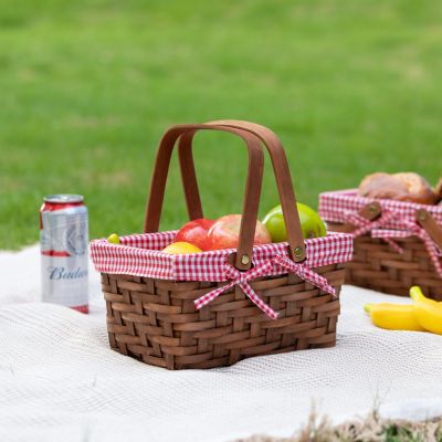 Wickerwise Small Rectangular Woodchip Picnic Baskets with Double Folding Handles, Natural Hand-Woven Basket Lined with Gingham Red and White Lining Image 1