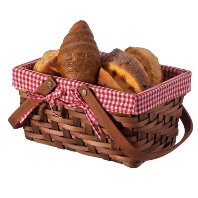 Wickerwise Small Rectangular Woodchip Picnic Baskets with Double Folding Handles, Natural Hand-Woven Basket Lined with Gingham Red and White Lining Image 2