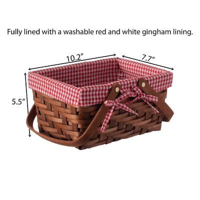 Wickerwise Small Rectangular Woodchip Picnic Baskets with Double Folding Handles, Natural Hand-Woven Basket Lined with Gingham Red and White Lining Image 3