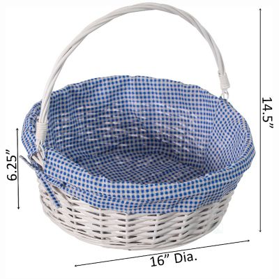 Wickerwise Traditional White Round Willow Gift Basket with Blue and White Gingham Liner and Sturdy Foldable Handles, Food Snacks Storage Basket, Large Image 3
