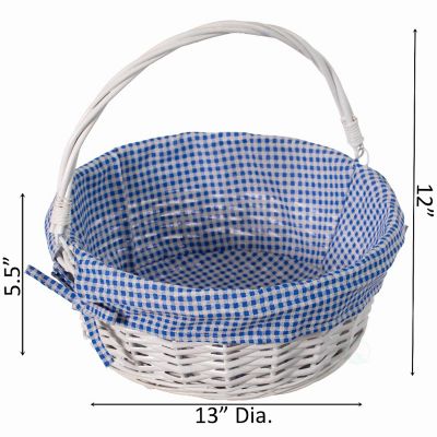 Wickerwise Traditional White Round Willow Gift Basket with Blue and White Gingham Liner and Sturdy Foldable Handles, Food Snacks Storage Basket, Medium Image 3