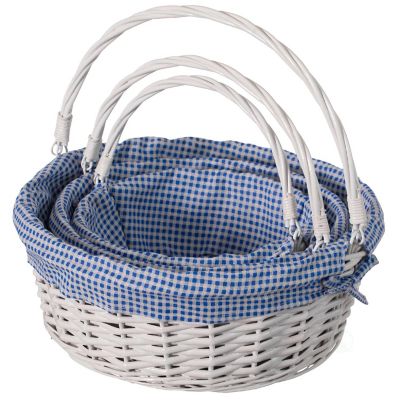 Wickerwise Traditional White Round Willow Gift Basket with Blue and White Gingham Liner and Sturdy Foldable Handles, Food Snacks Storage Basket, Set of 3 Image 1