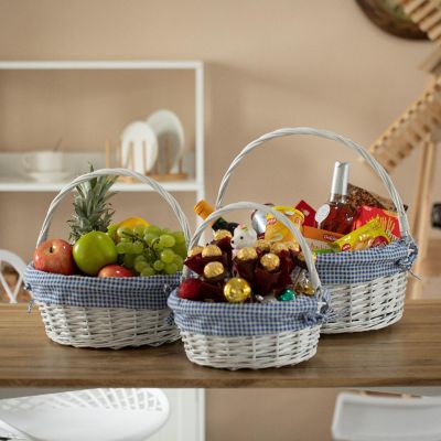 Wickerwise Traditional White Round Willow Gift Basket with Blue and White Gingham Liner and Sturdy Foldable Handles, Food Snacks Storage Basket, Set of 3 Image 1