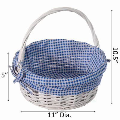 Wickerwise Traditional White Round Willow Gift Basket with Blue and White Gingham Liner and Sturdy Foldable Handles, Food Snacks Storage Basket, Small Image 3