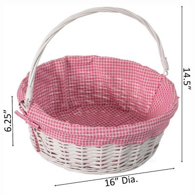 Wickerwise Traditional White Round Willow Gift Basket with Pink and White Gingham Liner and Sturdy Foldable Handles, Food Snacks Storage Basket, Large Image 3