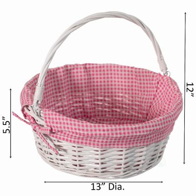 Wickerwise Traditional White Round Willow Gift Basket with Pink and White Gingham Liner and Sturdy Foldable Handles, Food Snacks Storage Basket, Medium Image 3