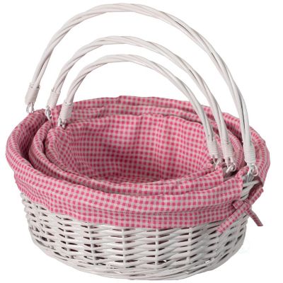 Wickerwise Traditional White Round Willow Gift Basket with Pink and White Gingham Liner and Sturdy Foldable Handles, Food Snacks Storage Basket, Set of 3 Image 1