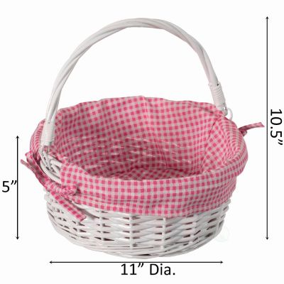 Wickerwise Traditional White Round Willow Gift Basket with Pink and White Gingham Liner and Sturdy Foldable Handles, Food Snacks Storage Basket, Small Image 3