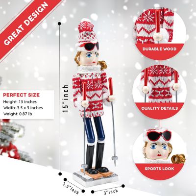 Woman Skier Nutcracker  Red and White Wooden Nutcracker Woman with Ugly Sweater and Ski Sticks Image 1