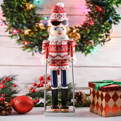 Woman Skier Nutcracker  Red and White Wooden Nutcracker Woman with Ugly Sweater and Ski Sticks Image 2