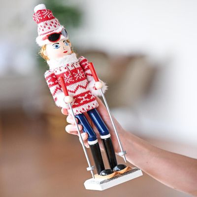 Woman Skier Nutcracker  Red and White Wooden Nutcracker Woman with Ugly Sweater and Ski Sticks Image 3