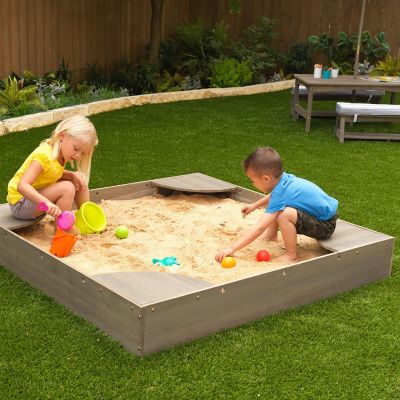 Wooden Backyard Sandbox with Built-in Corner Seating and Mesh Cover, Gray Image 1