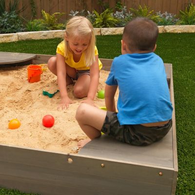 Wooden Backyard Sandbox with Built-in Corner Seating and Mesh Cover, Gray Image 2