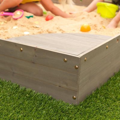 Wooden Backyard Sandbox with Built-in Corner Seating and Mesh Cover, Gray Image 3
