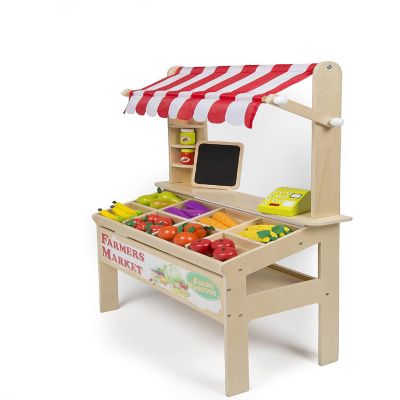 Wooden Farmers Market Stand - Kid's Playroom Furniture, Grocery Stand for Pretend Play (30+ Pieces) - Includes Fruit, Veggies, Chalkboard, and Cash Register, Fu Image 1