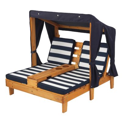 Wooden Outdoor Double Chaise with Cup Holders, Kid's Furniture, Honey & Navy Image 1