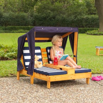 Wooden Outdoor Double Chaise with Cup Holders, Kid's Furniture, Honey & Navy Image 1