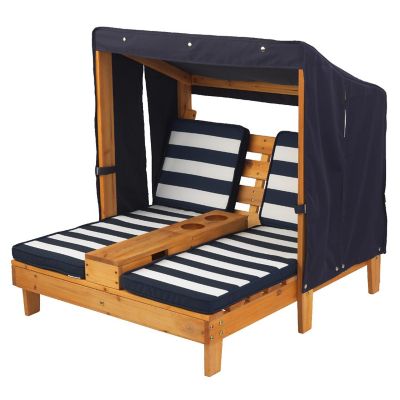 Wooden Outdoor Double Chaise with Cup Holders, Kid's Furniture, Honey & Navy Image 2