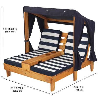 Wooden Outdoor Double Chaise with Cup Holders, Kid's Furniture, Honey & Navy Image 3
