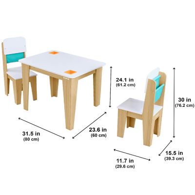 Wooden Pocket Storage Table and 2 Chair Furniture Set, Natural Image 1