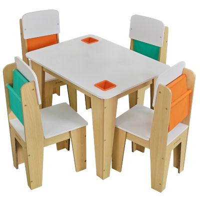Wooden Pocket Storage Table and 4 Chair Furniture Set, Natural Image 1
