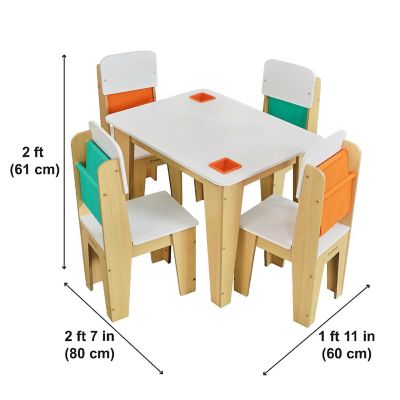 Wooden Pocket Storage Table and 4 Chair Furniture Set, Natural Image 1