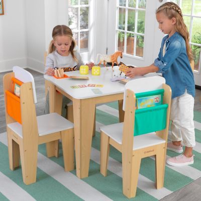 Wooden Pocket Storage Table and 4 Chair Furniture Set, Natural Image 2