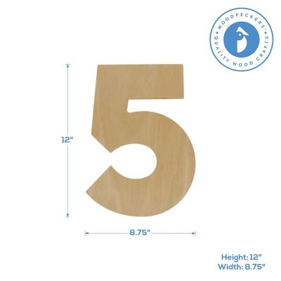 Woodpeckers Crafts, DIY Unfinished Wood 12" Number 5, Pack of 5 Image 1