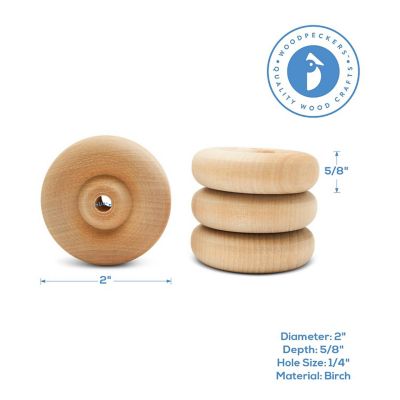 Woodpeckers Crafts, DIY Unfinished Wood 2", 1/4" Hole Classic Wheels Pack of 12 Image 3