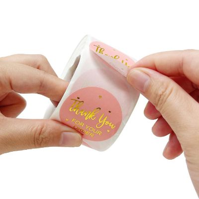 Wrapables 1.5" Thank You Stickers Roll, Sealing Stickers and Labels (500pcs), Pink & Gold Image 2