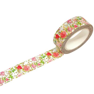 Wrapables 15mm x 5M Gold and Silver Foil Washi Masking Tape, Elegant Roses Image 1