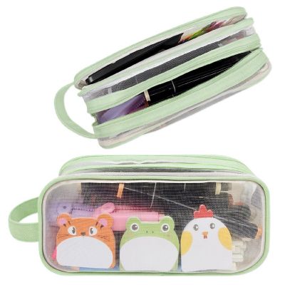 Wrapables 2 Compartment Transparent Mesh Pencil Case, Green Image 1