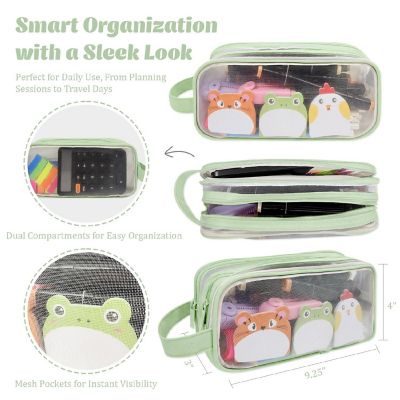 Wrapables 2 Compartment Transparent Mesh Pencil Case, Green Image 1