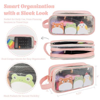 Wrapables 2 Compartment Transparent Mesh Pencil Case, Pink Image 1