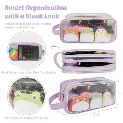 Wrapables 2 Compartment Transparent Mesh Pencil Case, Purple Image 1