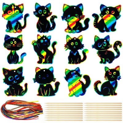 Wrapables 36pc DIY Rainbow Color Rainbow Scratch Arts Ornaments, Cats Image 1