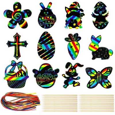 Wrapables 36pc DIY Rainbow Color Scratch Arts Ornaments, Easter Image 1