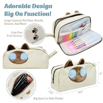 Wrapables 3D Cat Design Large Capacity Pencil Case with 2 Compartments, Beige Cat Image 1