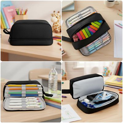 Wrapables 4 Compartment Large Capacity Pencil Case, Pencil Pouch for Stationery Tools, Black Image 2