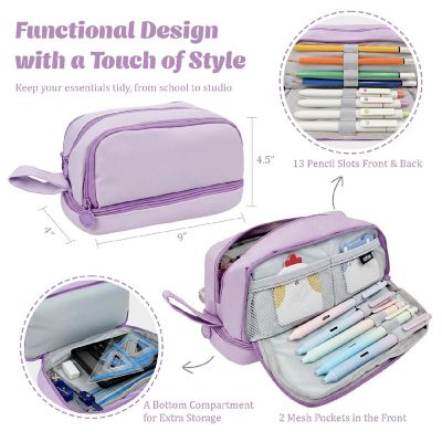 Wrapables 4 Compartment Large Capacity Pencil Case, Pencil Pouch for Stationery Tools, Lavender Image 1